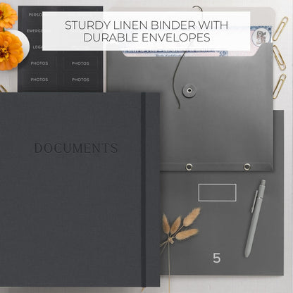 Important Document Organizer Set with Folders - Complete Linen Ring Binder