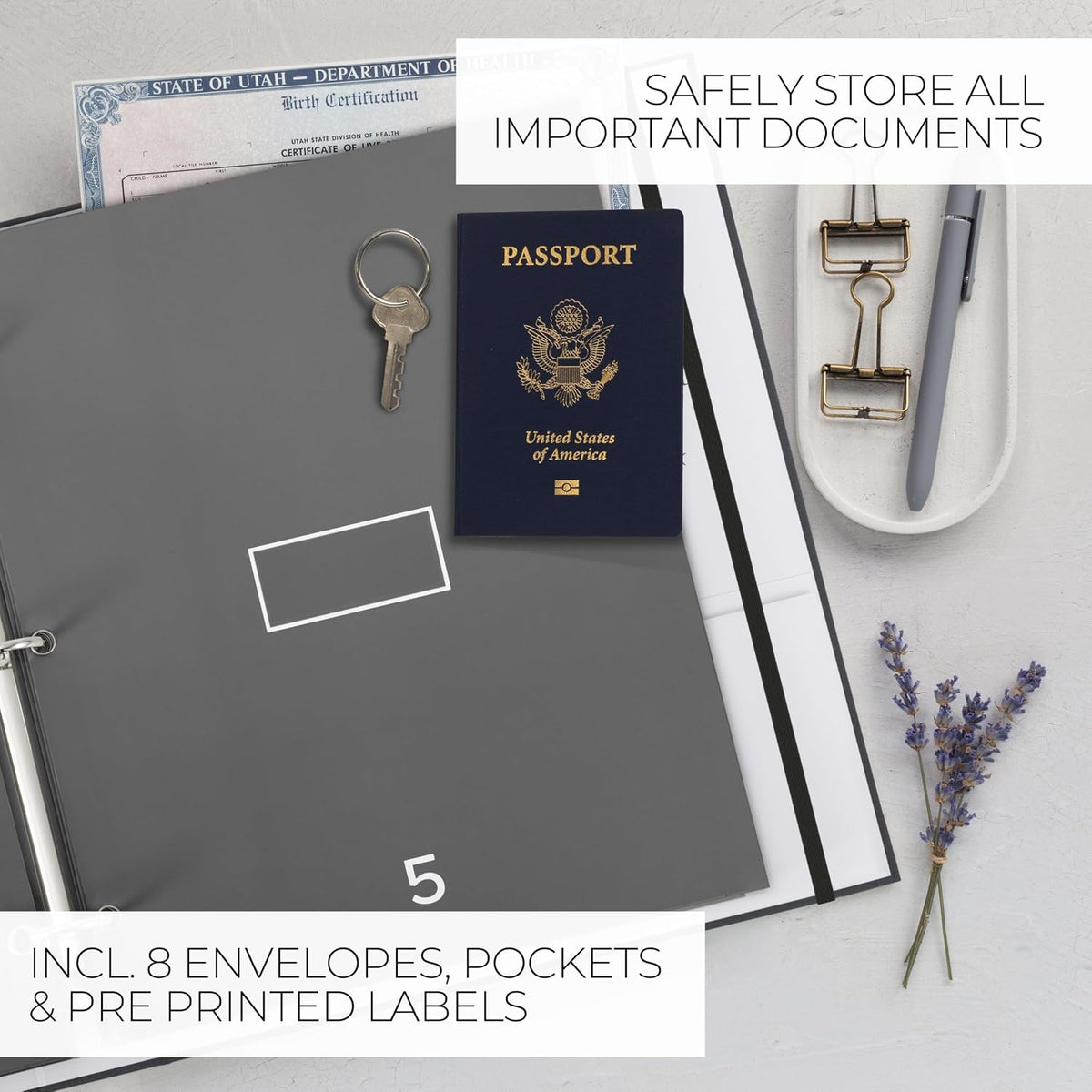 Important Document Organizer Set with Folders - Complete Linen Ring Binder