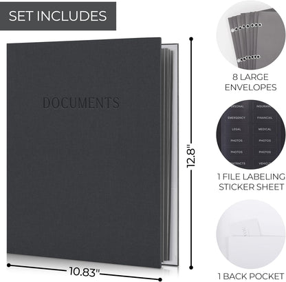 Important Document Organizer Set with Folders - Complete Linen Ring Binder
