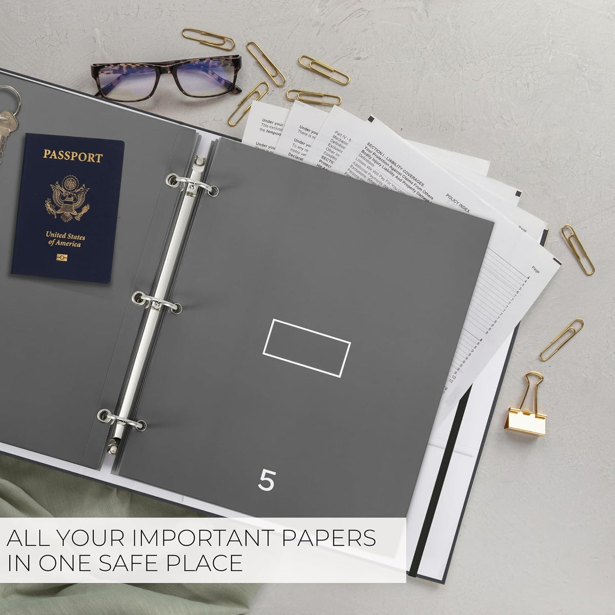 Important Document Organizer Set with Folders - Complete Linen Ring Binder