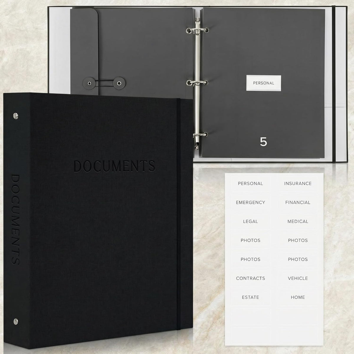 Important Document Organizer Set with Folders - Complete Linen Ring Binder