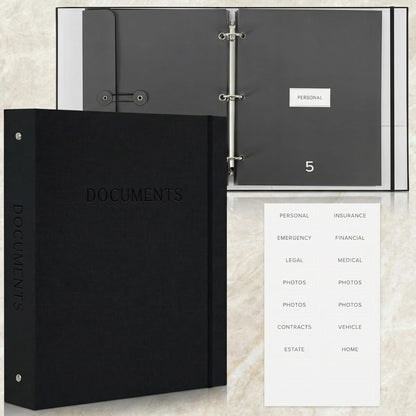 Important Document Organizer Set with Folders - Complete Linen Ring Binder