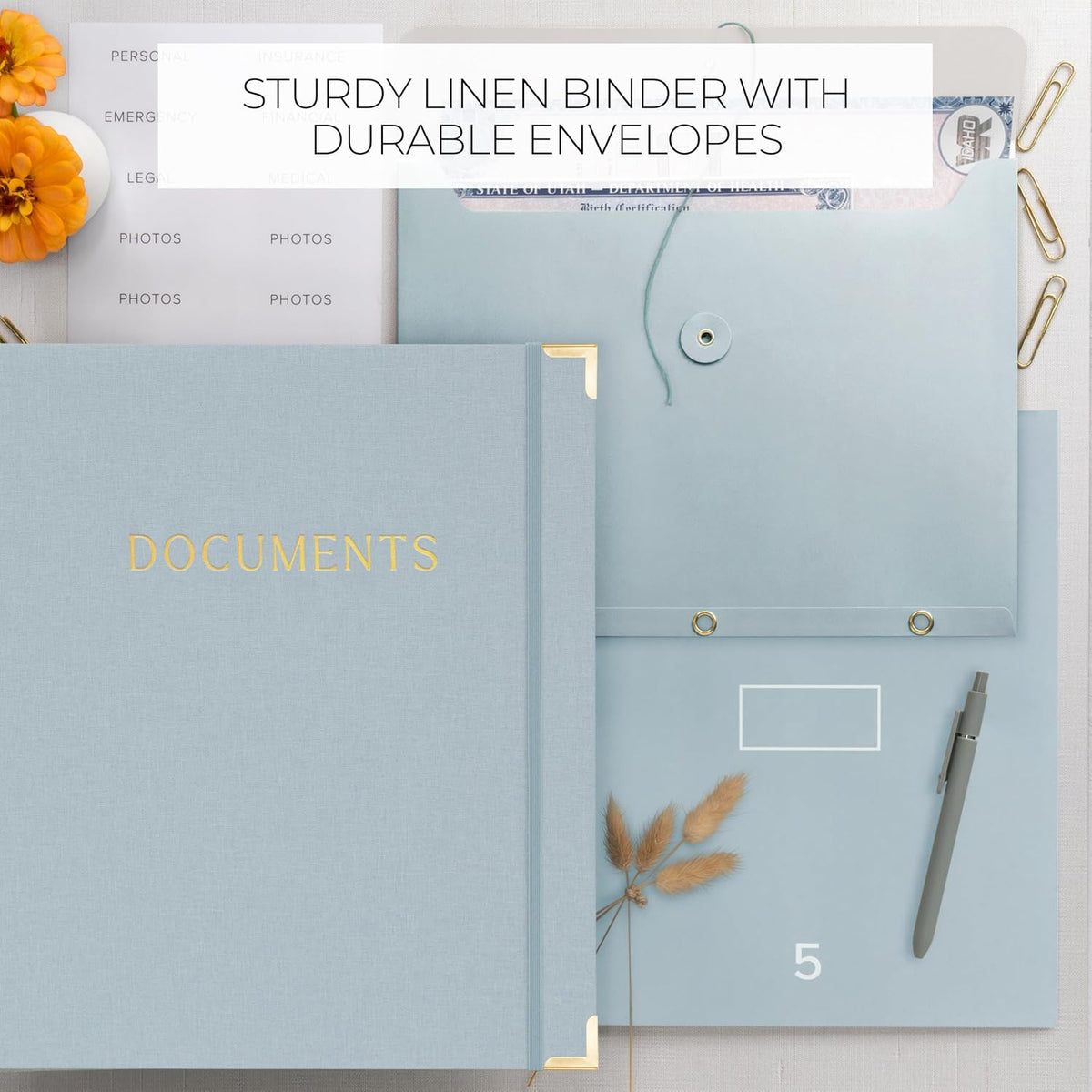 Important Document Organizer Set with Folders - Complete Linen Ring Binder