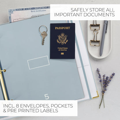 Important Document Organizer Set with Folders - Complete Linen Ring Binder