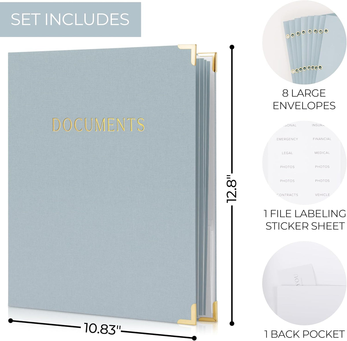 Important Document Organizer Set with Folders - Complete Linen Ring Binder