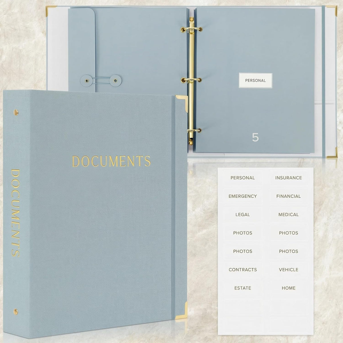 Important Document Organizer Set with Folders - Complete Linen Ring Binder