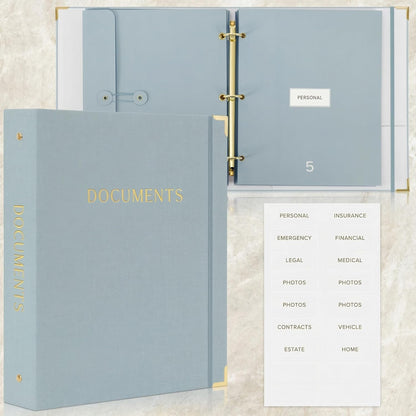 Important Document Organizer Set with Folders - Complete Linen Ring Binder