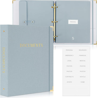 Important Document Organizer Set with Folders - Complete Linen Ring Binder