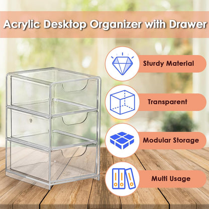 1 Pack Small Acrylic Storage Organizer with Drawers, 3-Layer