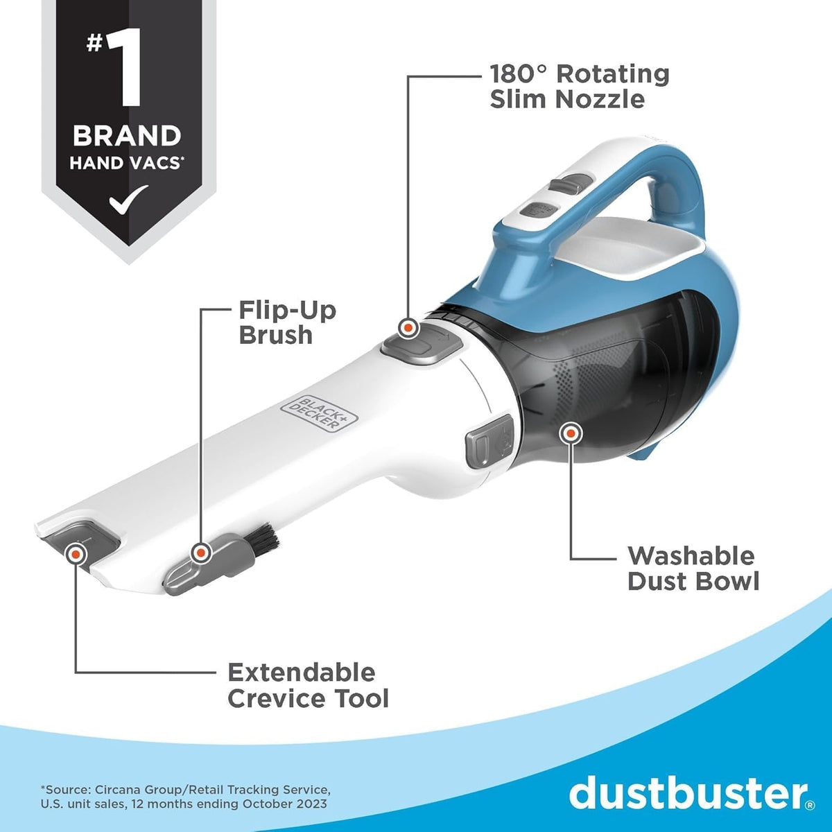 Dustbuster AdvancedClean Handheld Vacuum Cordless, Compact Home and Car Vacuum with Crevice Tool, Rotating Nozzle and Charging Station