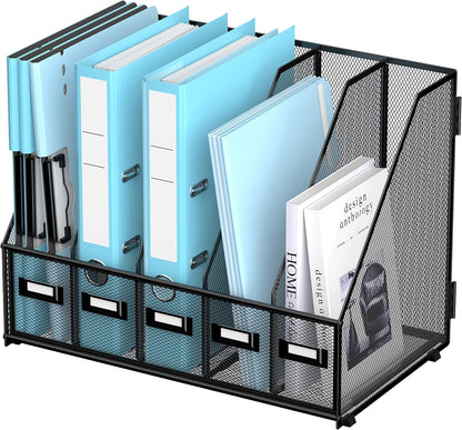 Desk Organizers Metal Desk Magazine File Holder with 5 Vertical Compartments Rack File Organizer for Office Desktop, Classroom, Home Workspace, Black