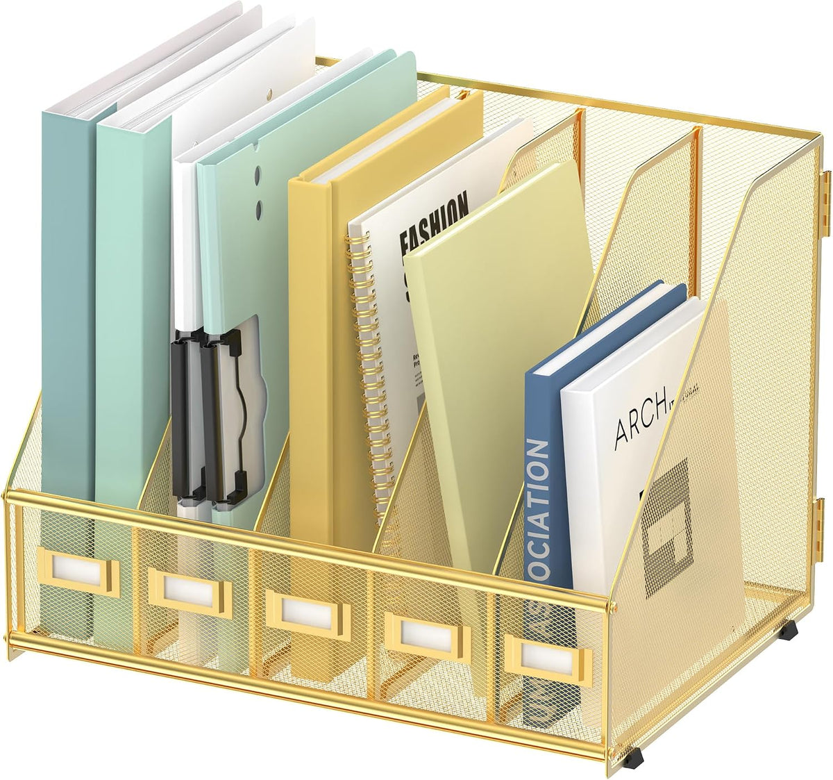 Desk Organizers Metal Desk Magazine File Holder with 5 Vertical Compartments Rack File Organizer for Office Desktop, Classroom, Home Workspace, Black