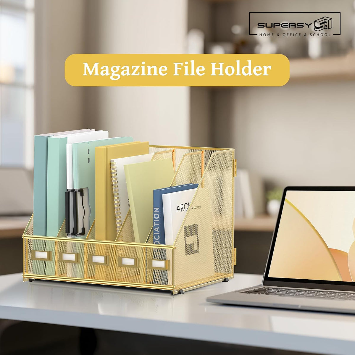 Desk Organizers Metal Desk Magazine File Holder with 5 Vertical Compartments Rack File Organizer for Office Desktop, Classroom, Home Workspace, Black