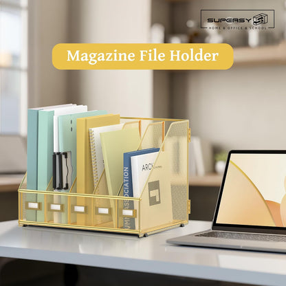 Desk Organizers Metal Desk Magazine File Holder with 5 Vertical Compartments Rack File Organizer for Office Desktop, Classroom, Home Workspace, Black