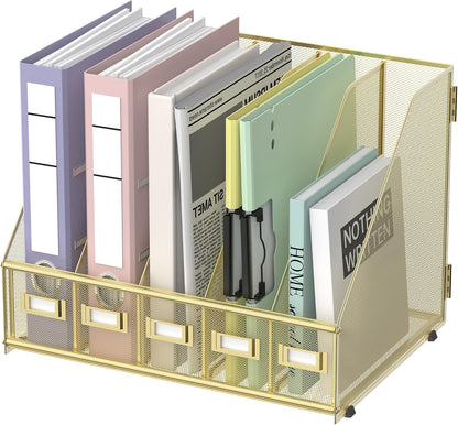 Desk Organizers Metal Desk Magazine File Holder with 5 Vertical Compartments Rack File Organizer for Office Desktop, Classroom, Home Workspace, Black