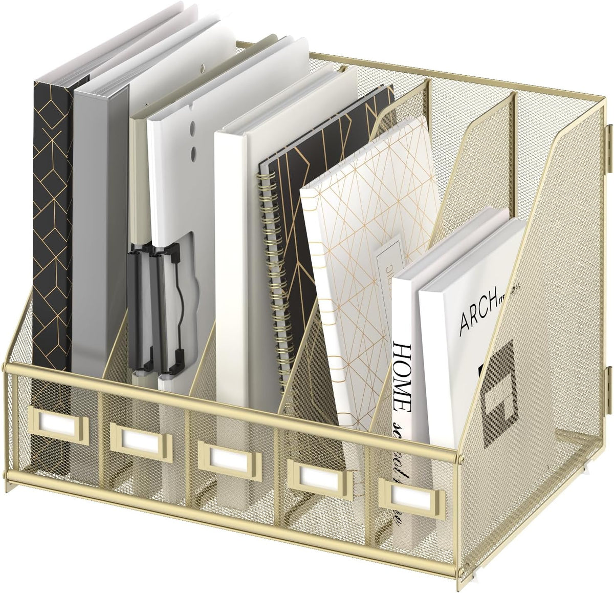Desk Organizers Metal Desk Magazine File Holder with 5 Vertical Compartments Rack File Organizer for Office Desktop, Classroom, Home Workspace, Black