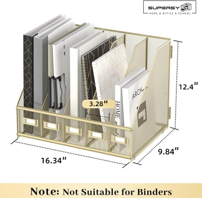 Desk Organizers Metal Desk Magazine File Holder with 5 Vertical Compartments Rack File Organizer for Office Desktop, Classroom, Home Workspace, Black