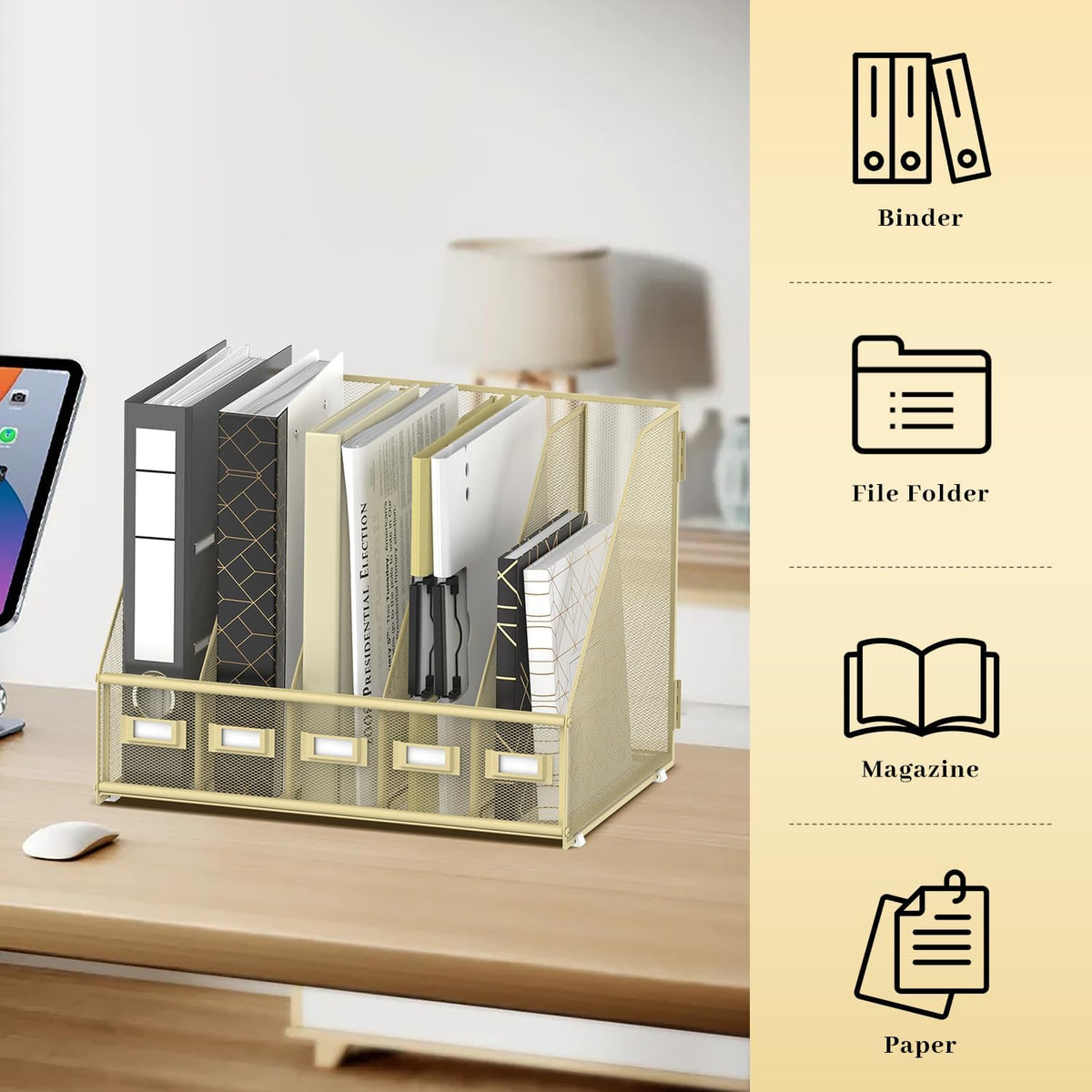Desk Organizers Metal Desk Magazine File Holder with 5 Vertical Compartments Rack File Organizer for Office Desktop, Classroom, Home Workspace, Black