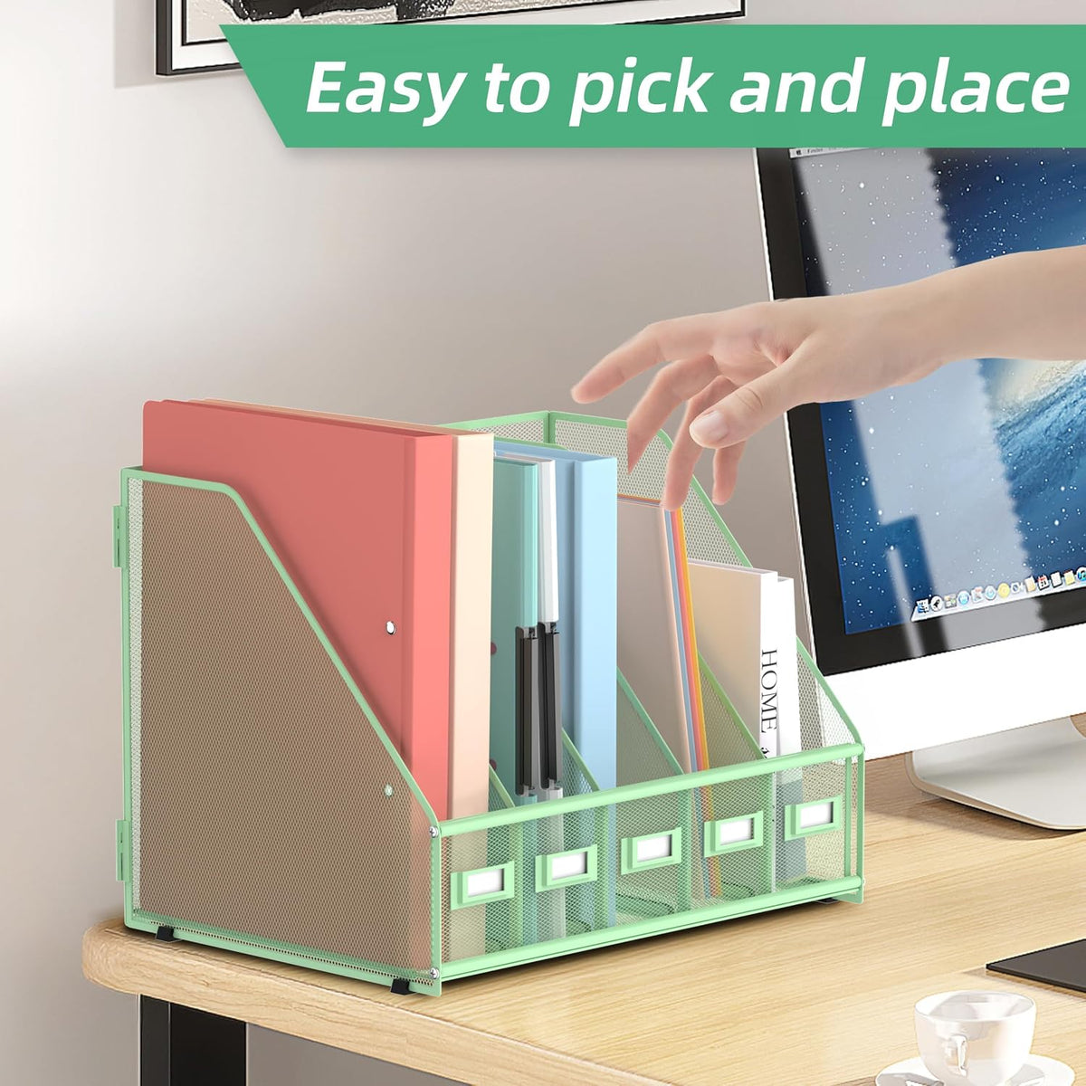 Desk Organizers Metal Desk Magazine File Holder with 5 Vertical Compartments Rack File Organizer for Office Desktop, Classroom, Home Workspace, Black