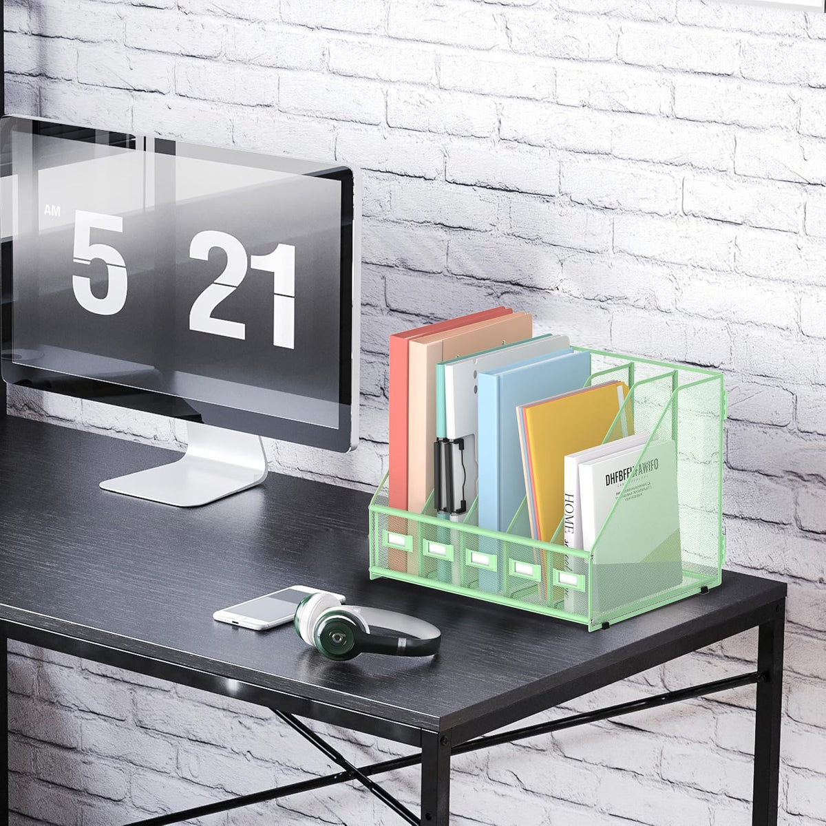 Desk Organizers Metal Desk Magazine File Holder with 5 Vertical Compartments Rack File Organizer for Office Desktop, Classroom, Home Workspace, Black