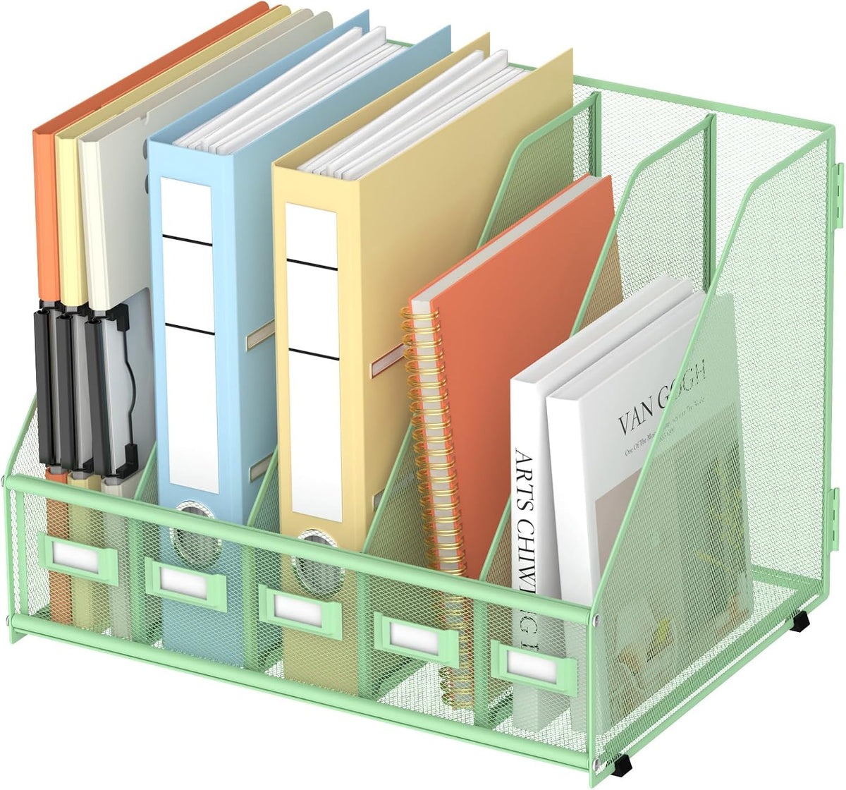 Desk Organizers Metal Desk Magazine File Holder with 5 Vertical Compartments Rack File Organizer for Office Desktop, Classroom, Home Workspace, Black