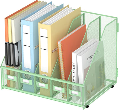 Desk Organizers Metal Desk Magazine File Holder with 5 Vertical Compartments Rack File Organizer for Office Desktop, Classroom, Home Workspace, Black