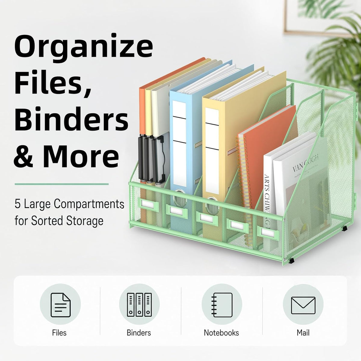 Desk Organizers Metal Desk Magazine File Holder with 5 Vertical Compartments Rack File Organizer for Office Desktop, Classroom, Home Workspace, Black