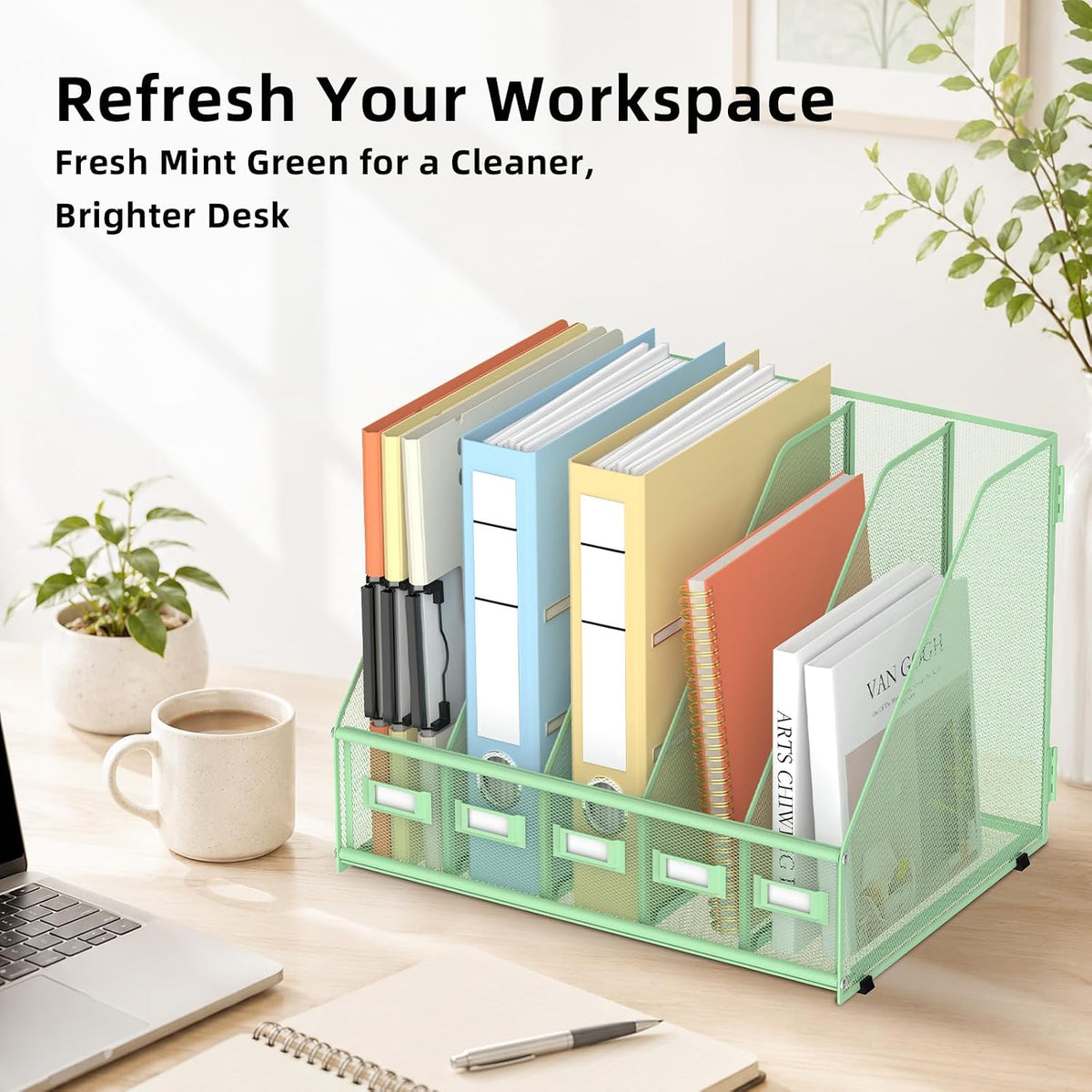 Desk Organizers Metal Desk Magazine File Holder with 5 Vertical Compartments Rack File Organizer for Office Desktop, Classroom, Home Workspace, Black