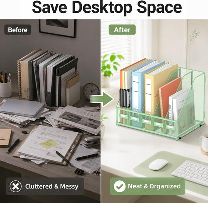 Desk Organizers Metal Desk Magazine File Holder with 5 Vertical Compartments Rack File Organizer for Office Desktop, Classroom, Home Workspace, Black