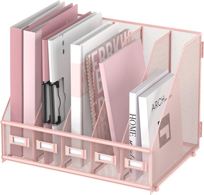 Desk Organizers Metal Desk Magazine File Holder with 5 Vertical Compartments Rack File Organizer for Office Desktop, Classroom, Home Workspace, Black