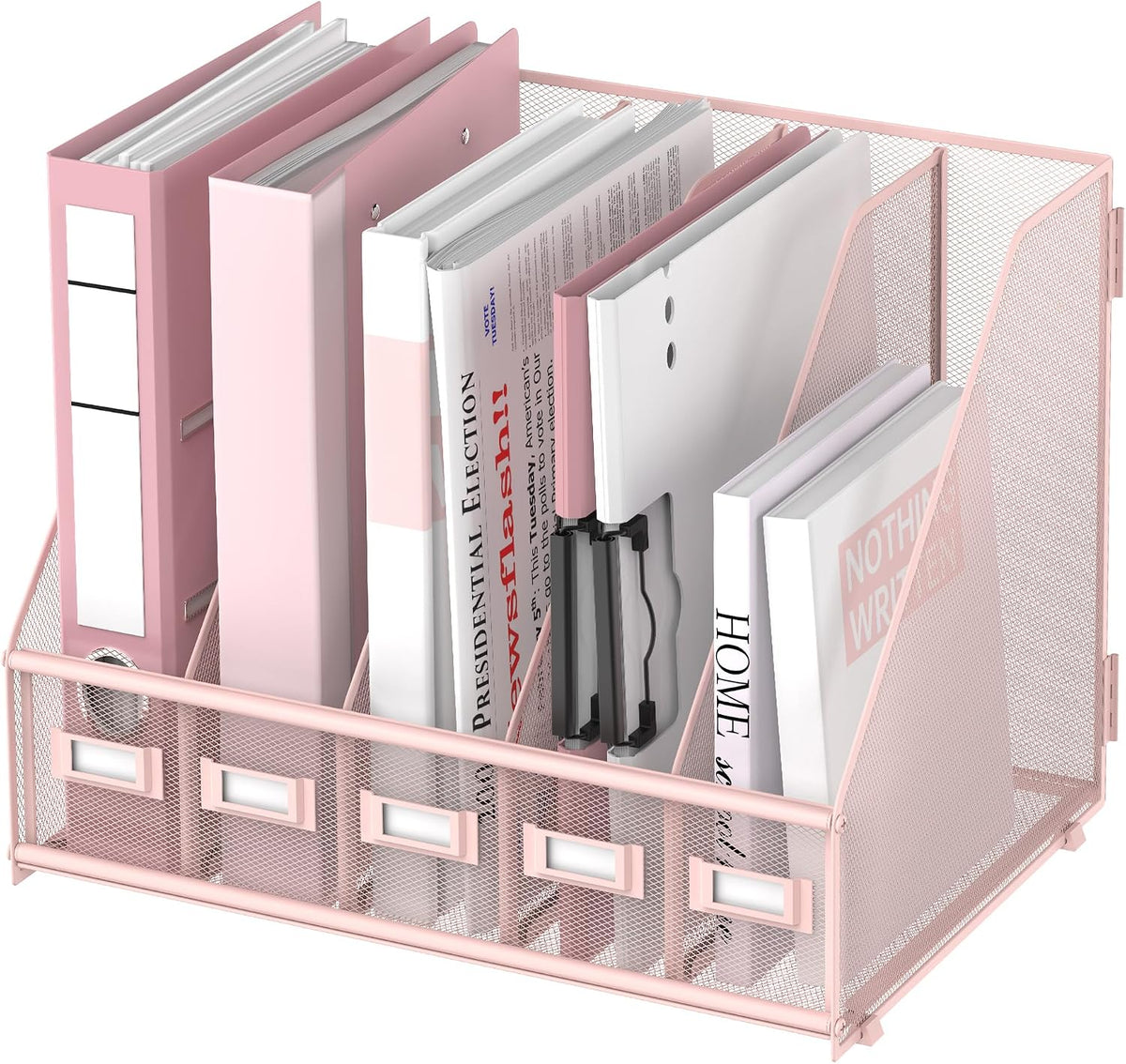 Desk Organizers Metal Desk Magazine File Holder with 5 Vertical Compartments Rack File Organizer for Office Desktop, Classroom, Home Workspace, Black