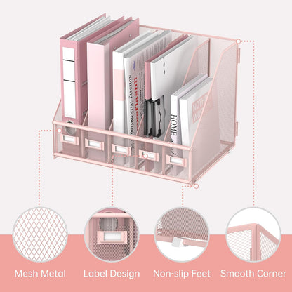 Desk Organizers Metal Desk Magazine File Holder with 5 Vertical Compartments Rack File Organizer for Office Desktop, Classroom, Home Workspace, Black