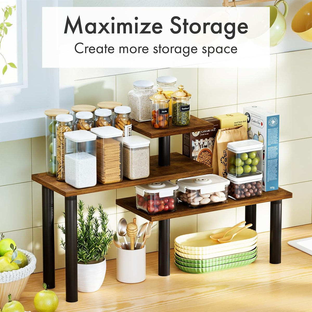 3-Tier Corner Countertop Organizer – Kitchen Counter & Bathroom Vanity Organizer, Coffee Bar Corner Shelf, Spice Rack Stand, L-Shaped Space-Saving Storage, Rustic Brown and Black, Wood