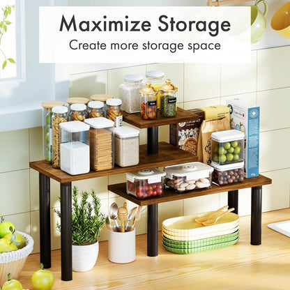 3-Tier Corner Countertop Organizer – Kitchen Counter & Bathroom Vanity Organizer, Coffee Bar Corner Shelf, Spice Rack Stand, L-Shaped Space-Saving Storage, Rustic Brown and Black, Wood