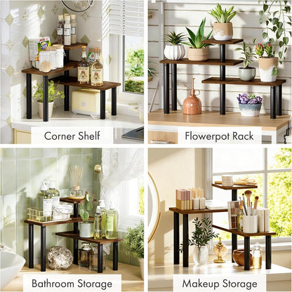 3-Tier Corner Countertop Organizer – Kitchen Counter & Bathroom Vanity Organizer, Coffee Bar Corner Shelf, Spice Rack Stand, L-Shaped Space-Saving Storage, Rustic Brown and Black, Wood