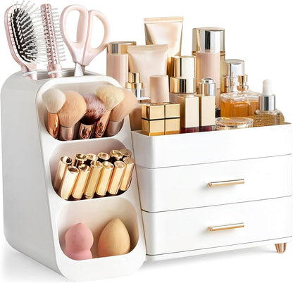 Makeup Organizer with Brush Holder for Vanity, Large Plastic Bathroom Countertop Organizer Skin Care Storage, Easy to Store Lipsticks, Nail Polishes, Perfumes, Eyeshadow Palettes, All White