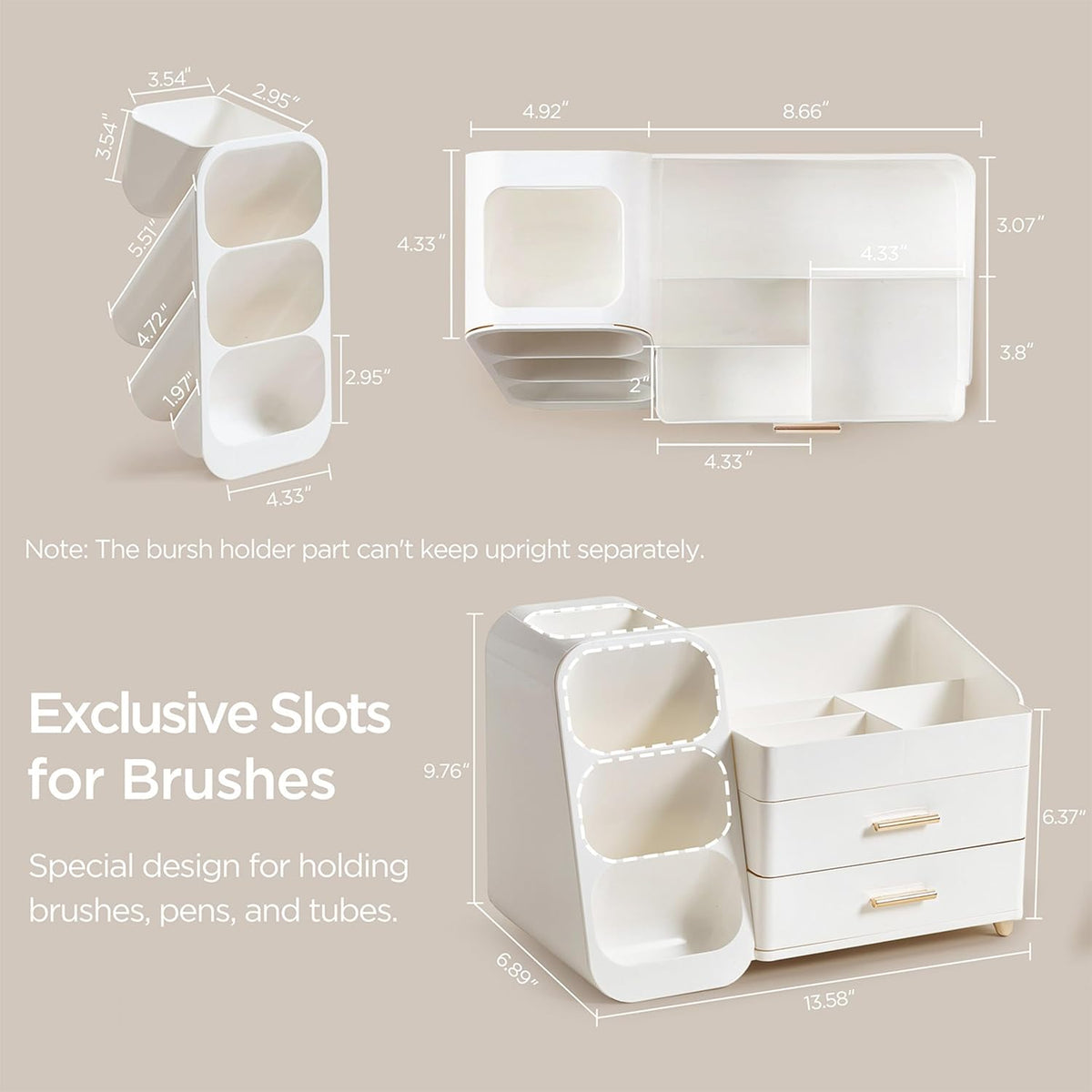 Makeup Organizer with Brush Holder for Vanity, Large Plastic Bathroom Countertop Organizer Skin Care Storage, Easy to Store Lipsticks, Nail Polishes, Perfumes, Eyeshadow Palettes, All White