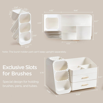 Makeup Organizer with Brush Holder for Vanity, Large Plastic Bathroom Countertop Organizer Skin Care Storage, Easy to Store Lipsticks, Nail Polishes, Perfumes, Eyeshadow Palettes, All White