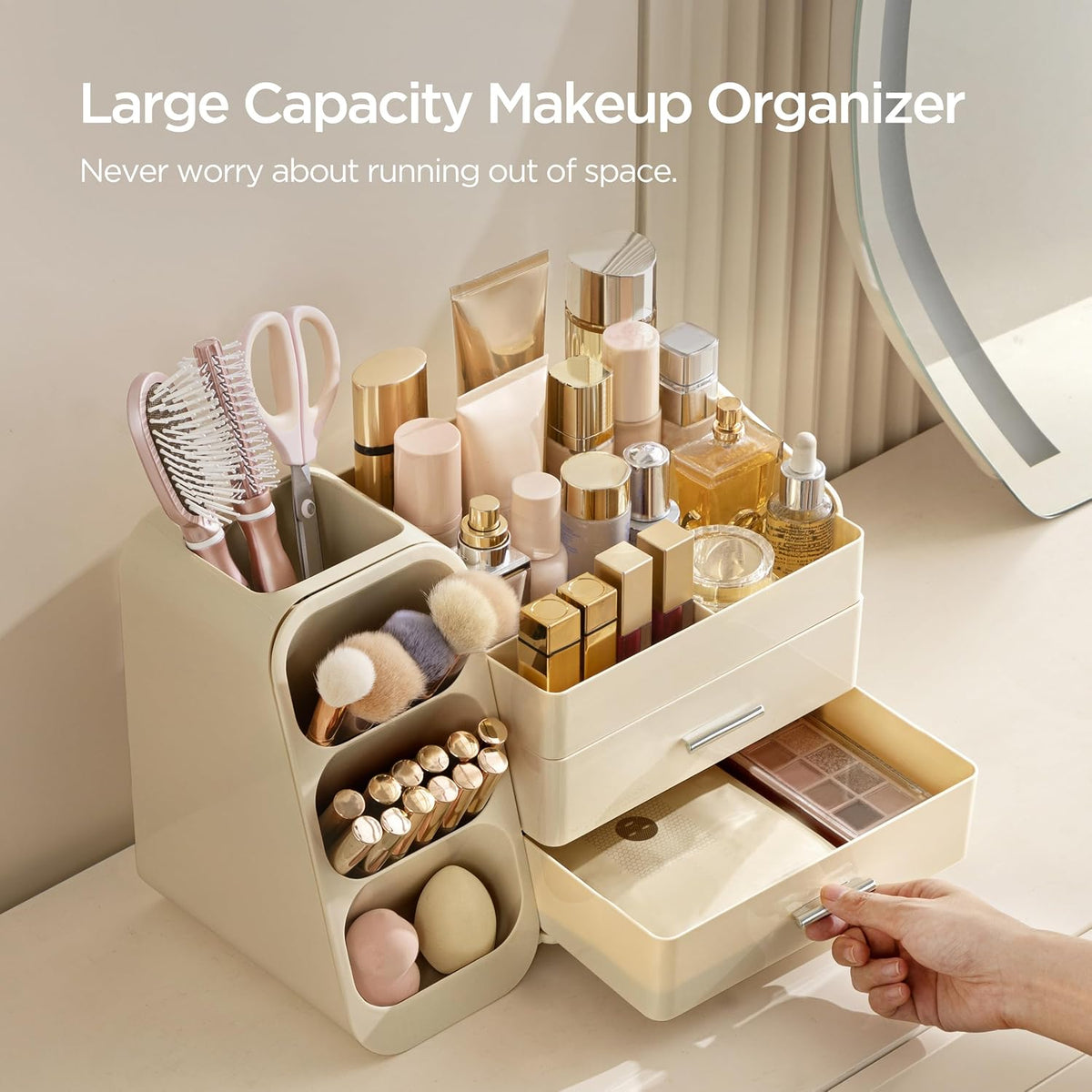 Makeup Organizer with Brush Holder for Vanity, Large Plastic Bathroom Countertop Organizer Skin Care Storage, Easy to Store Lipsticks, Nail Polishes, Perfumes, Eyeshadow Palettes, All White