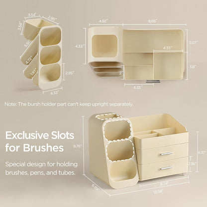 Makeup Organizer with Brush Holder for Vanity, Large Plastic Bathroom Countertop Organizer Skin Care Storage, Easy to Store Lipsticks, Nail Polishes, Perfumes, Eyeshadow Palettes, All White