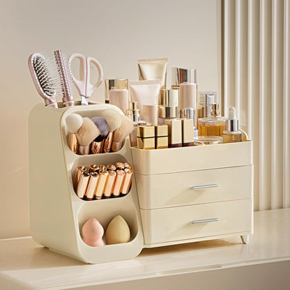 Makeup Organizer with Brush Holder for Vanity, Large Plastic Bathroom Countertop Organizer Skin Care Storage, Easy to Store Lipsticks, Nail Polishes, Perfumes, Eyeshadow Palettes, All White