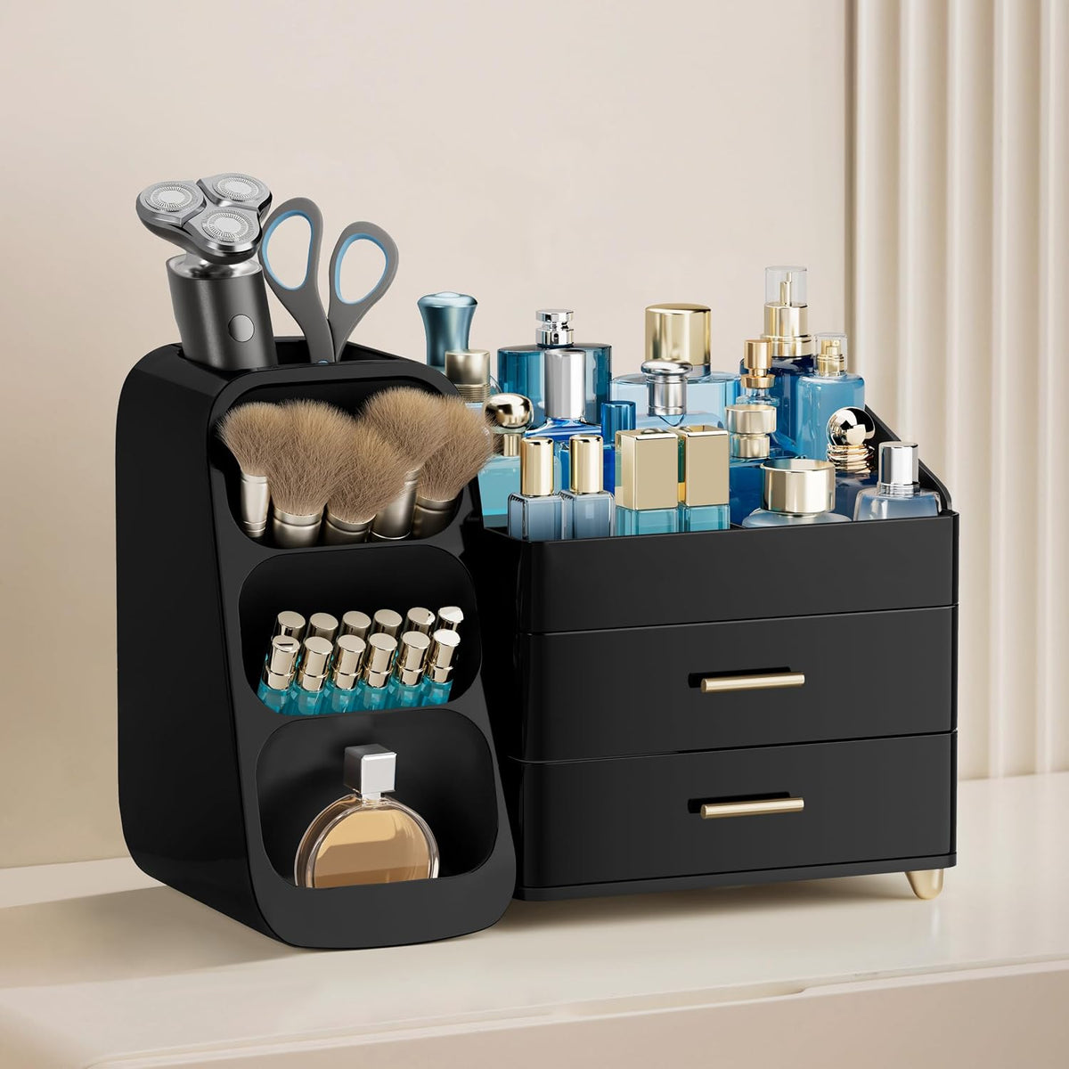 Makeup Organizer with Brush Holder for Vanity, Large Plastic Bathroom Countertop Organizer Skin Care Storage, Easy to Store Lipsticks, Nail Polishes, Perfumes, Eyeshadow Palettes, All White