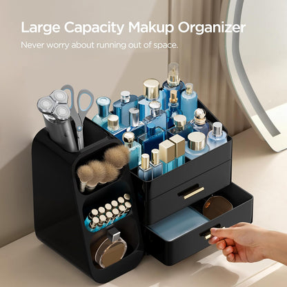 Makeup Organizer with Brush Holder for Vanity, Large Plastic Bathroom Countertop Organizer Skin Care Storage, Easy to Store Lipsticks, Nail Polishes, Perfumes, Eyeshadow Palettes, All White