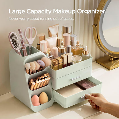 Makeup Organizer with Brush Holder for Vanity, Large Plastic Bathroom Countertop Organizer Skin Care Storage, Easy to Store Lipsticks, Nail Polishes, Perfumes, Eyeshadow Palettes, All White