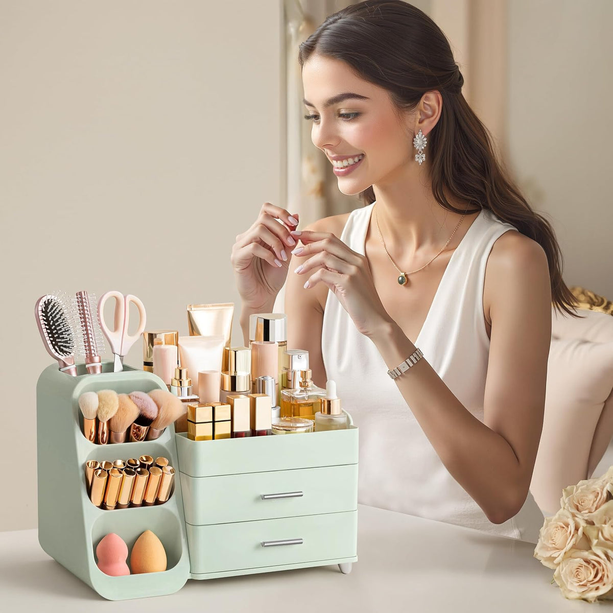 Makeup Organizer with Brush Holder for Vanity, Large Plastic Bathroom Countertop Organizer Skin Care Storage, Easy to Store Lipsticks, Nail Polishes, Perfumes, Eyeshadow Palettes, All White