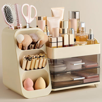 Makeup Organizer with Brush Holder for Vanity, Large Plastic Bathroom Countertop Organizer Skin Care Storage, Easy to Store Lipsticks, Nail Polishes, Perfumes, Eyeshadow Palettes, All White