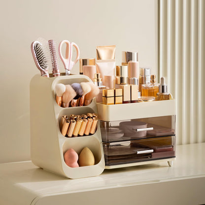Makeup Organizer with Brush Holder for Vanity, Large Plastic Bathroom Countertop Organizer Skin Care Storage, Easy to Store Lipsticks, Nail Polishes, Perfumes, Eyeshadow Palettes, All White