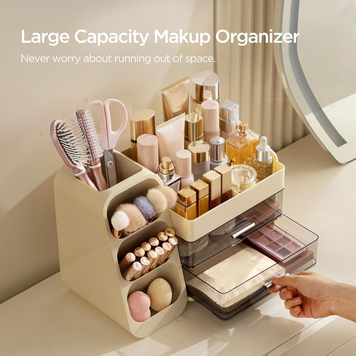 Makeup Organizer with Brush Holder for Vanity, Large Plastic Bathroom Countertop Organizer Skin Care Storage, Easy to Store Lipsticks, Nail Polishes, Perfumes, Eyeshadow Palettes, All White