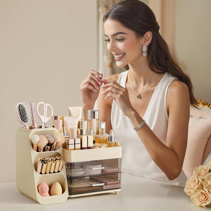 Makeup Organizer with Brush Holder for Vanity, Large Plastic Bathroom Countertop Organizer Skin Care Storage, Easy to Store Lipsticks, Nail Polishes, Perfumes, Eyeshadow Palettes, All White