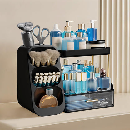 Makeup Organizer with Brush Holder for Vanity, Large Plastic Bathroom Countertop Organizer Skin Care Storage, Easy to Store Lipsticks, Nail Polishes, Perfumes, Eyeshadow Palettes, All White